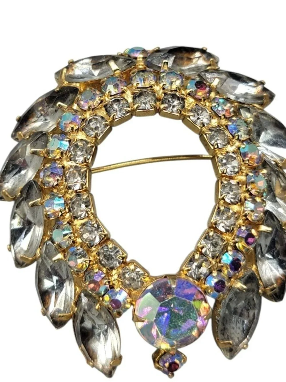 Juliana D&E Verified 4130 Clear Navette & AB Rhinestone Wreath Brooch Vintage